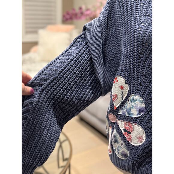 MSRP $145 Upcycled Wish The Label Blue Sweater with flower applique' Size M - Picture 3 of 7